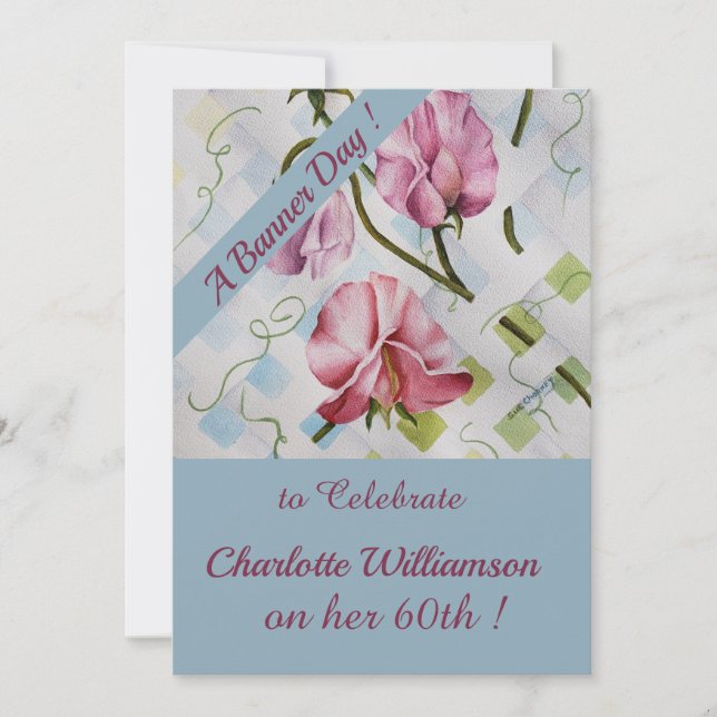 Invitation Fleur d'anniversaire aquarelle mauve et rose (Devant)