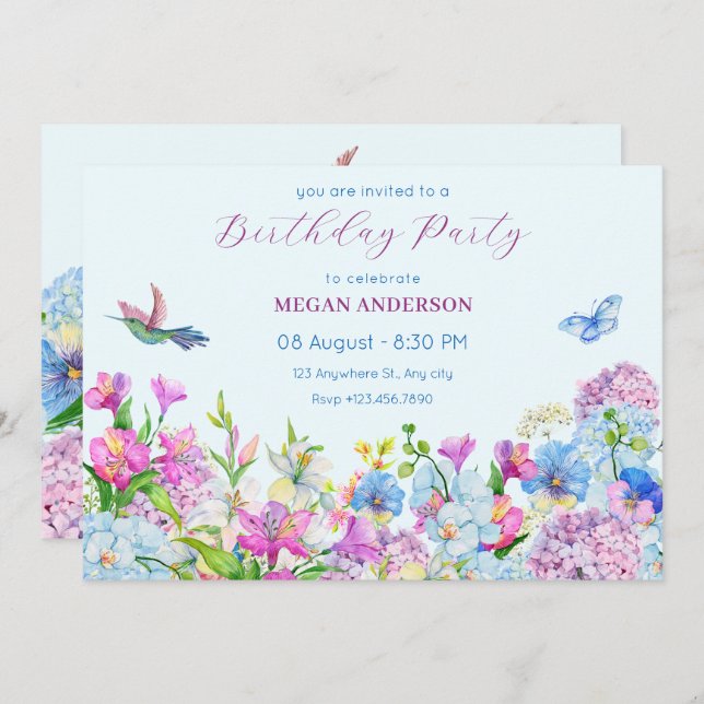 Invitation Fleur d'anniversaire bleu violet d'aquarelle (Devant / Derrière)