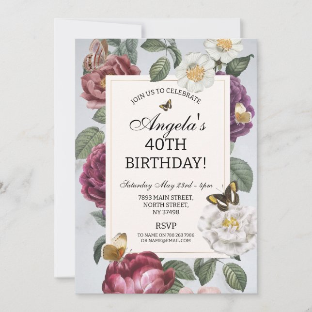 Invitation Fleur d'anniversaire Butterfly Floral Vintage (Devant)