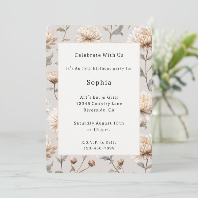 Invitation Fleur d'anniversaire Crème Marron Cocoa   (Debout devant)