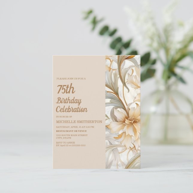 Invitation Fleur d'aquarelle brun roux élégant pour 75e anniv (Debout devant)