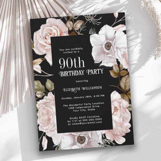 Invitation Fleur d'aquarelle féminine 90e fête d'anniversaire (Celebrate a milestone birthday with this feminine Winter Roses Watercolor Invitation.)