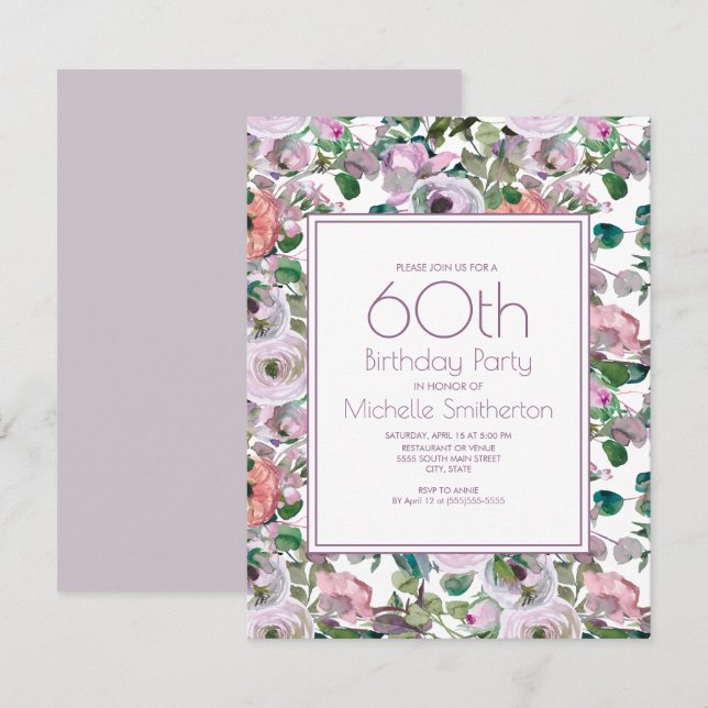 Invitation Fleur d'aquarelle lilas violet 60e anniversaire (Devant / Derrière)