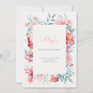 Invitation Fleur d'aquarelle rose Filles Fête d'anniversaire