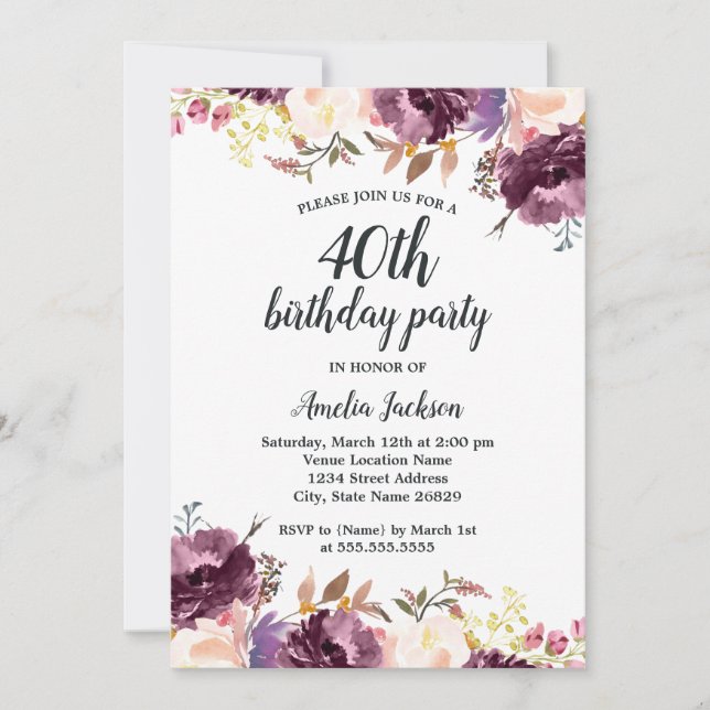 Invitation Fleur d'aquarelle violet Floral 40e anniversaire f (Devant)