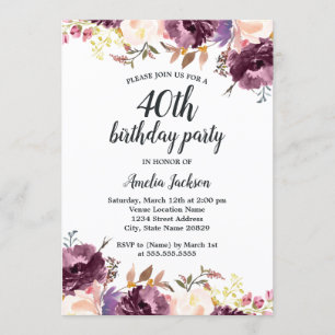Invitation Fleur d'aquarelle violet Floral 40e anniversaire f