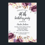 Invitation Fleur d'aquarelle violet Floral 40e fête d'anniver<br><div class="desc">Plus joli Invitations Florales Anniversaire dans le Little Bayleigh Store!</div>