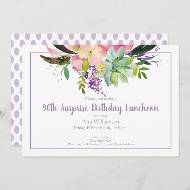 Invitation Fleur d'aquarelle violette 90e Anniversaire surpre (Devant / Derrière)