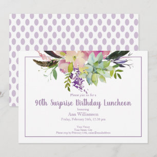 Invitation Fleur d'aquarelle violette 90e Anniversaire surpre