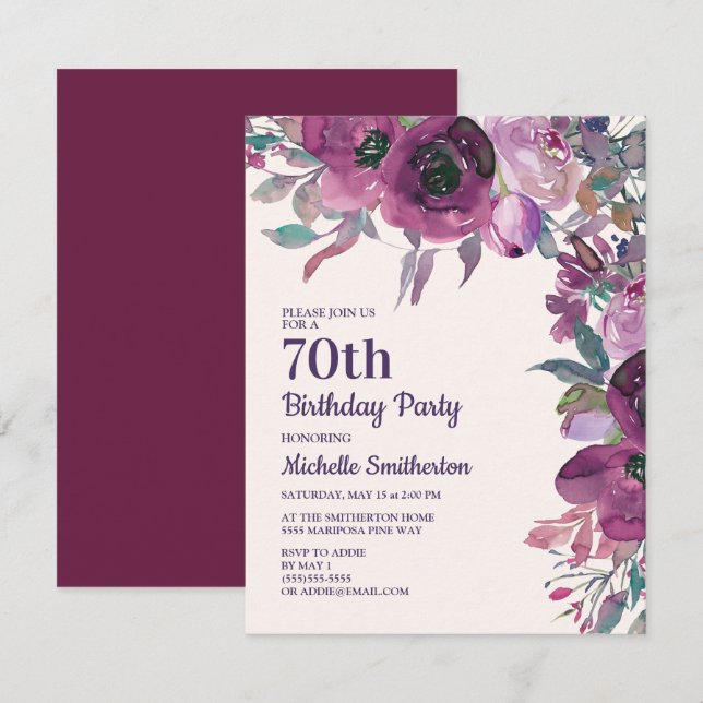 Invitation Fleur d'aquarelle violette élégante pour 70e anniv (Devant / Derrière)