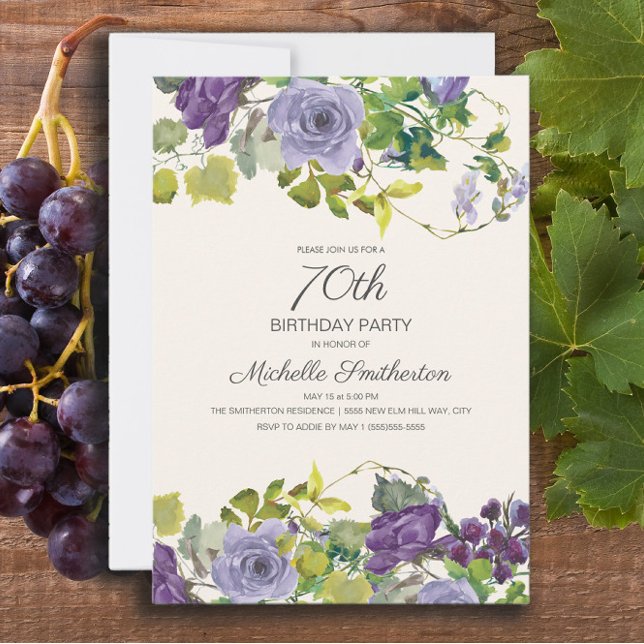 Invitation Fleur d'aquarelle violette élégante pour 70e anniv (Elegant purple watercolor floral 70th birthday party invitation for adults. )