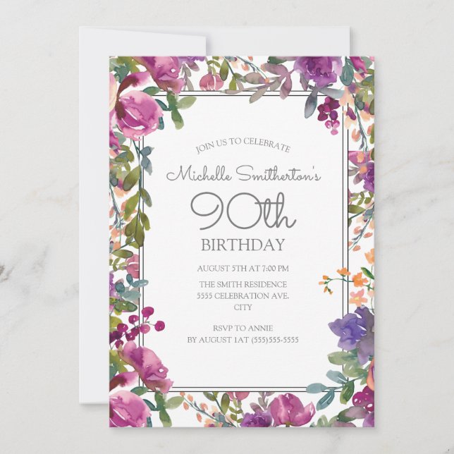 Invitation Fleur d'aquarelle violette élégante pour 90e anniv (Devant)
