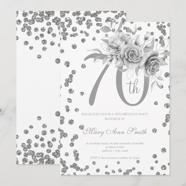 Invitation Fleur d'argent & Confetti 70e fête d'anniversaire (Devant / Derrière)
