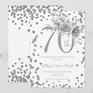 Invitation Fleur d'argent & Confetti 70e fête d'anniversaire