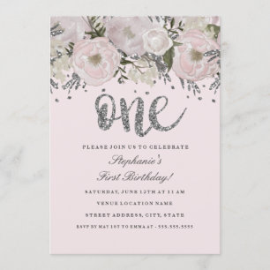 Invitation Fleur d'argent rose pâle Floral un premier anniver