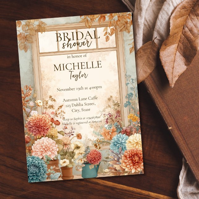 Invitation Fleur d'automne Jardin nuptiale de douche Invitati (florist shop window with autumn flowers watercolor bridal shower invitation)