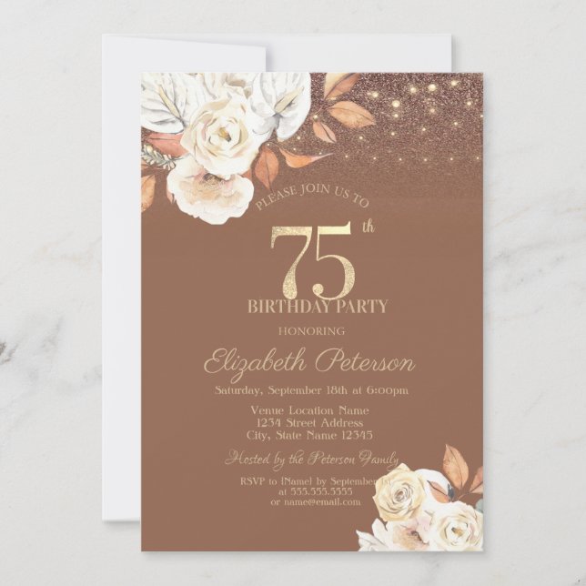 Invitation Fleur d'automne Paillettes Terre cuite 75e Anniver (Devant)
