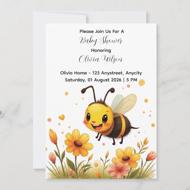 Invitation Fleur de bande dessinée d'abeille mignonne (Devant)