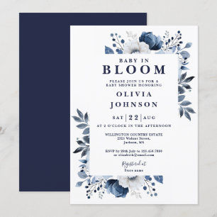 Invitation Fleur de bébé Bleu marine Élégant Baby Shower flor