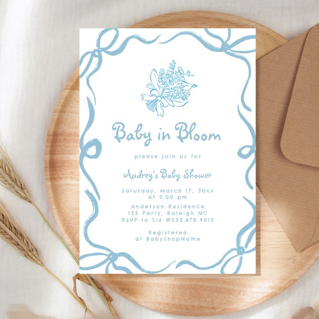 Invitation Fleur de bébé dessinée à la main en bleu pour Baby (Créateur téléchargé)