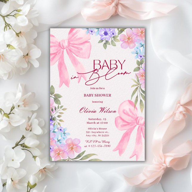Invitation Fleur de bébé en fleurs Rose Bow fille Baby Shower (Créateur téléchargé)