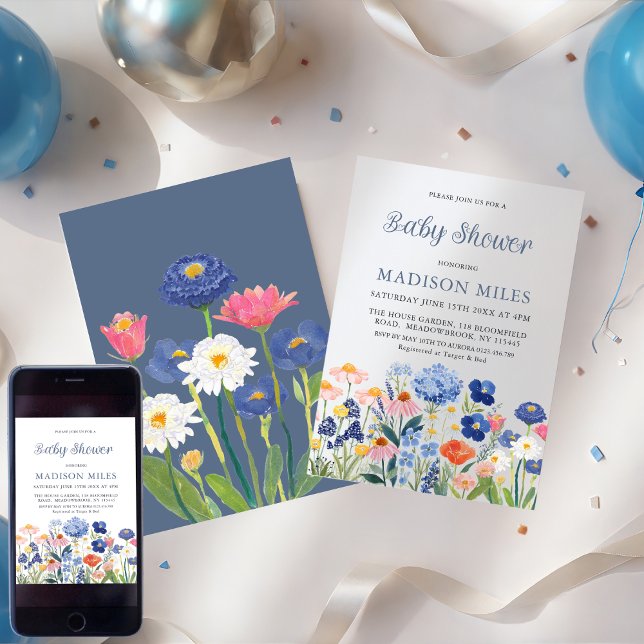 Invitation Fleur de bébé poussiéreuse bleue à l'aquarelle en  (Créateur téléchargé)