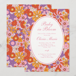 Invitation Fleur de bébé Rose Rétro Fête de Bébé Groovy