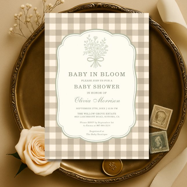 Invitation Fleur de bébé Shower bébé Gingham Neutre (Créateur téléchargé)