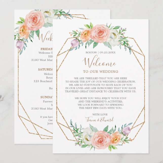 Invitation Fleur de Bienvenue de Mariage à l'Aquarelle Géomét (Devant / Derrière)