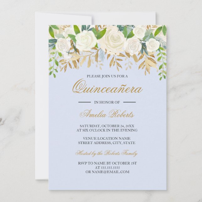 Invitation Fleur de bleu or Quinceanera aquarelle (Devant)