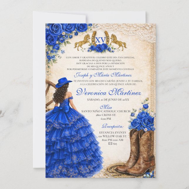Invitation Fleur de Bleu Royal Espagnol 15 Ans Charra Western (Devant)