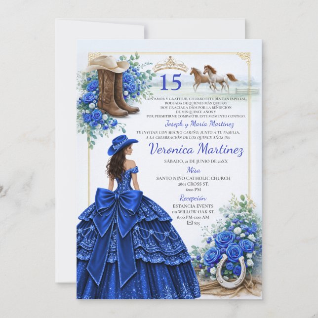 Invitation Fleur de bleu royal espagnol Charra Princess 15 An (Devant)