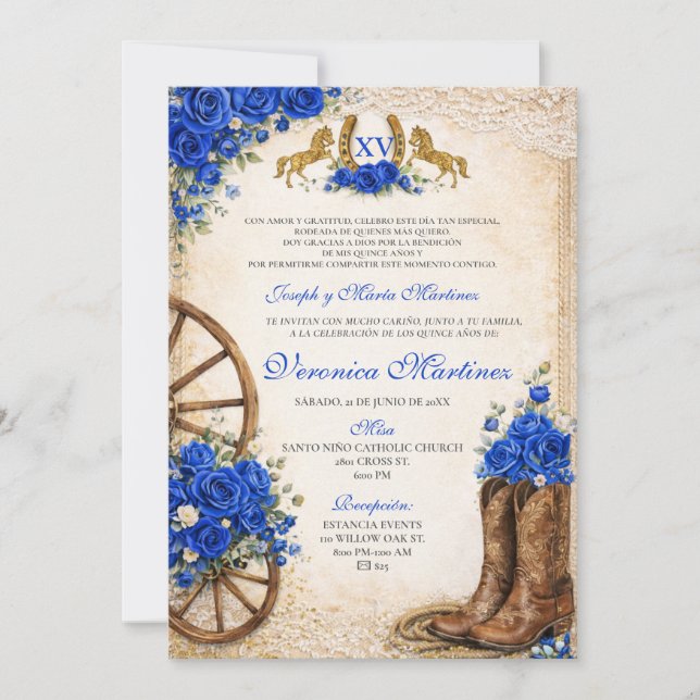 Invitation Fleur de Bleu Royal Espagnol Douce 15 Ans Western (Devant)