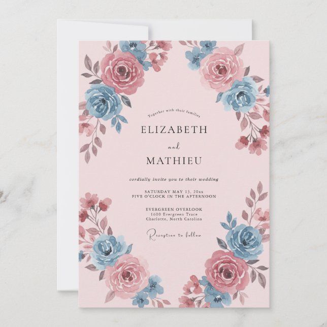 Invitation Fleur de Bleuet Mauve Assourdi Ranunculus Eucalypt (Devant)