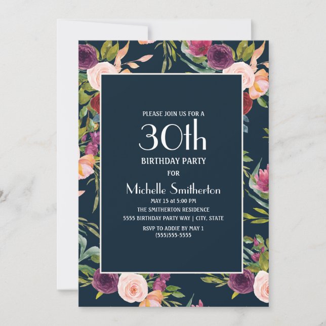 Invitation Fleur de Blush de Bourgogne Bleu pour 30e Annivers (Devant)