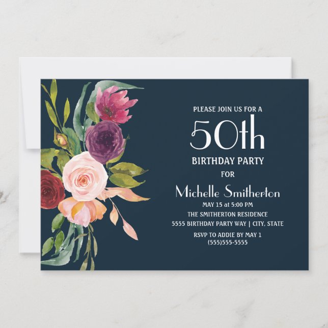 Invitation Fleur de Blush de Bourgogne Bleu pour 50e Annivers (Devant)