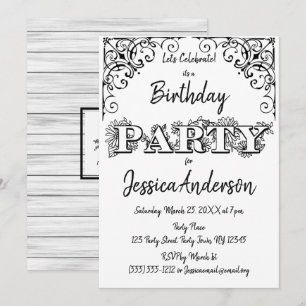 Invitation Fleur de Bois Rustique Noir et Blanc pour Annivers