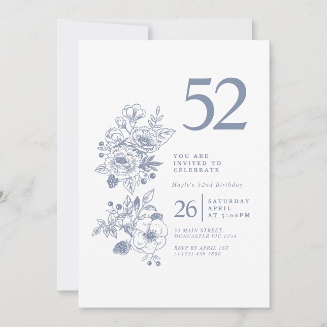 Invitation Fleur de Botanique Dusty Blue 52e Anniversaire (Devant)