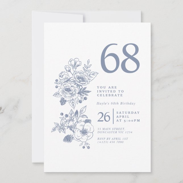 Invitation Fleur de Botanique Dusty Blue 68e Anniversaire (Devant)