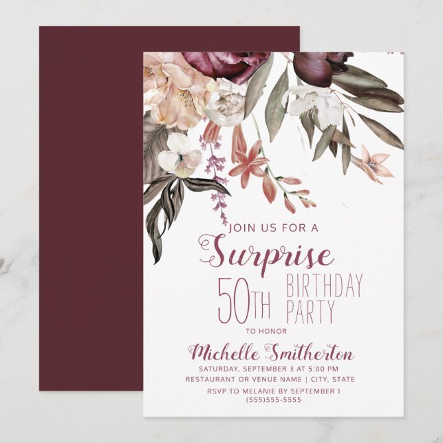 Invitation Fleur de Bourgogne Bohème Vintage 50e Anniversaire (Devant / Derrière)