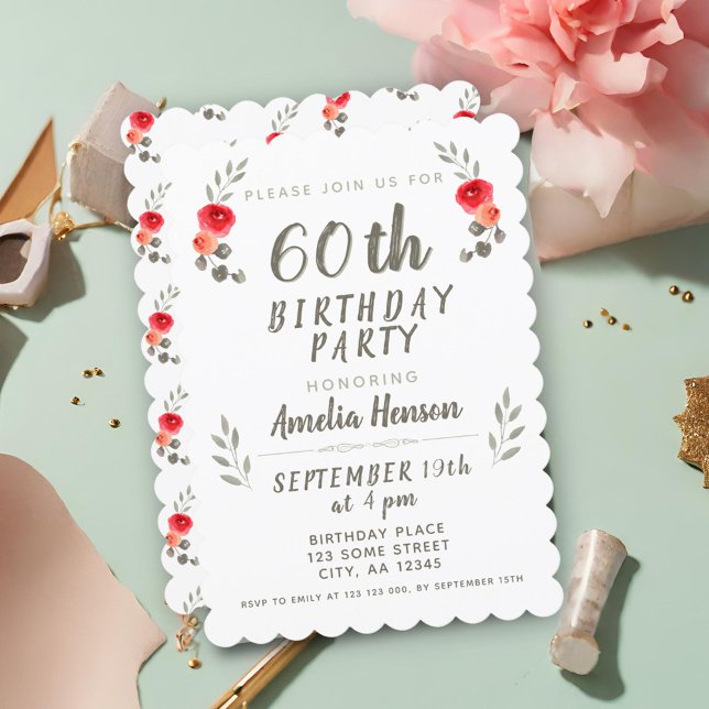Invitation Fleur de brindille de rose aquarelle pour 60e anni (Créateur téléchargé)