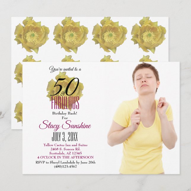 Invitation Fleur de cactus jaune 50 et Fabuleux anniversaire (Devant / Derrière)