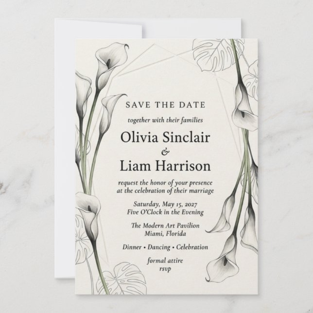Invitation Fleur de calla monochrome et aquarelle de feuille  (Devant)