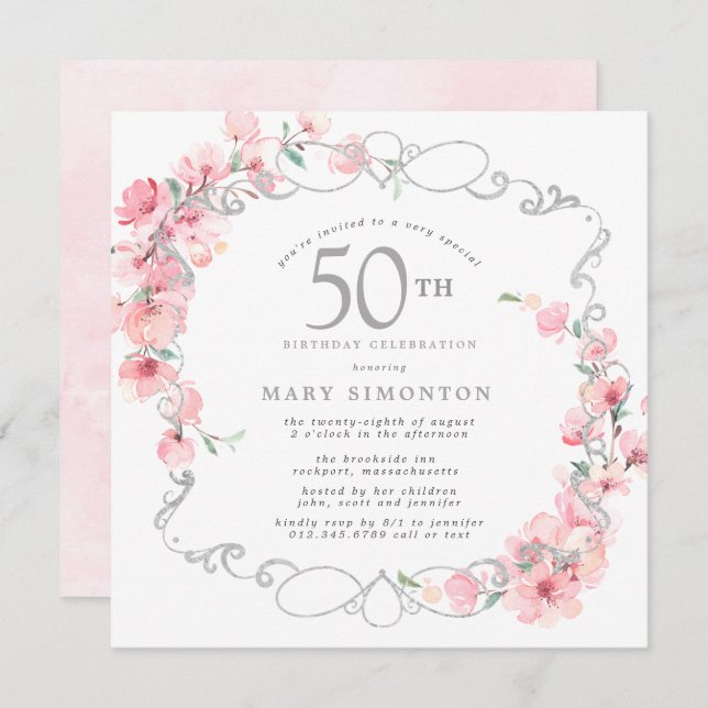 Invitation Fleur de cerise rose 50e anniversaire (Devant / Derrière)