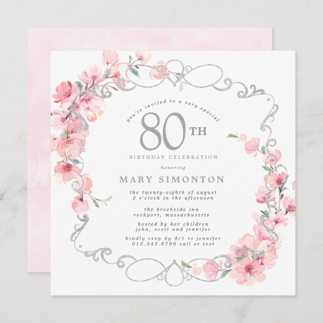 Invitation Fleur de cerise rose 80e anniversaire (Devant / Derrière)