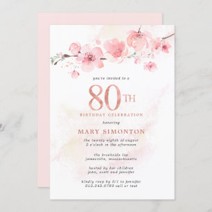 Invitation Fleur de cerise rose pâle 80e anniversaire