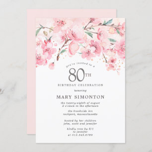 Invitation Fleur de cerise rose pâle 80e anniversaire