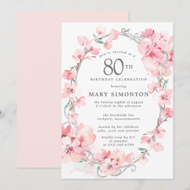 Invitation Fleur de cerise rose pâle 80e anniversaire (Devant / Derrière)