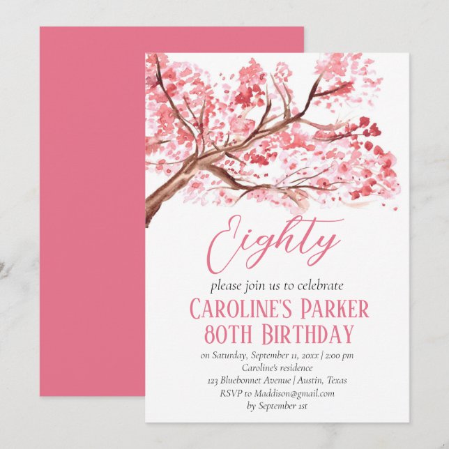 Invitation Fleur de cerise rose pâle 80e anniversaire Floral (Devant / Derrière)