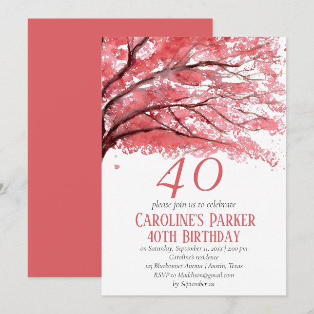 Invitation Fleur de cerise rose rousse 40e anniversaire Flora (Devant / Derrière)